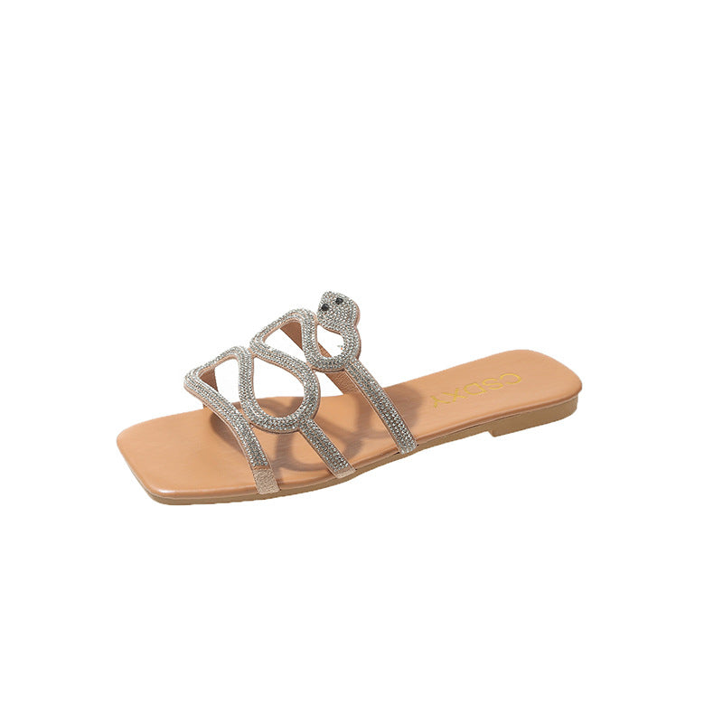 Large Size Flat Bottom Women's Rhinestone Flat Slippers