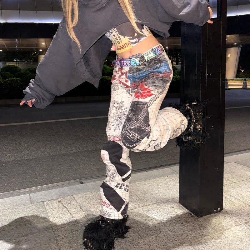 American Spicy Girl Graffiti Print Jeans For Men And Women, New Autumn And Winter Style