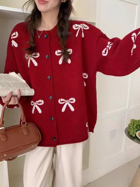 Sløjfestrikket Sweaterjakke til Kvinder Løst Design Cardigan Top Afslappet Stil