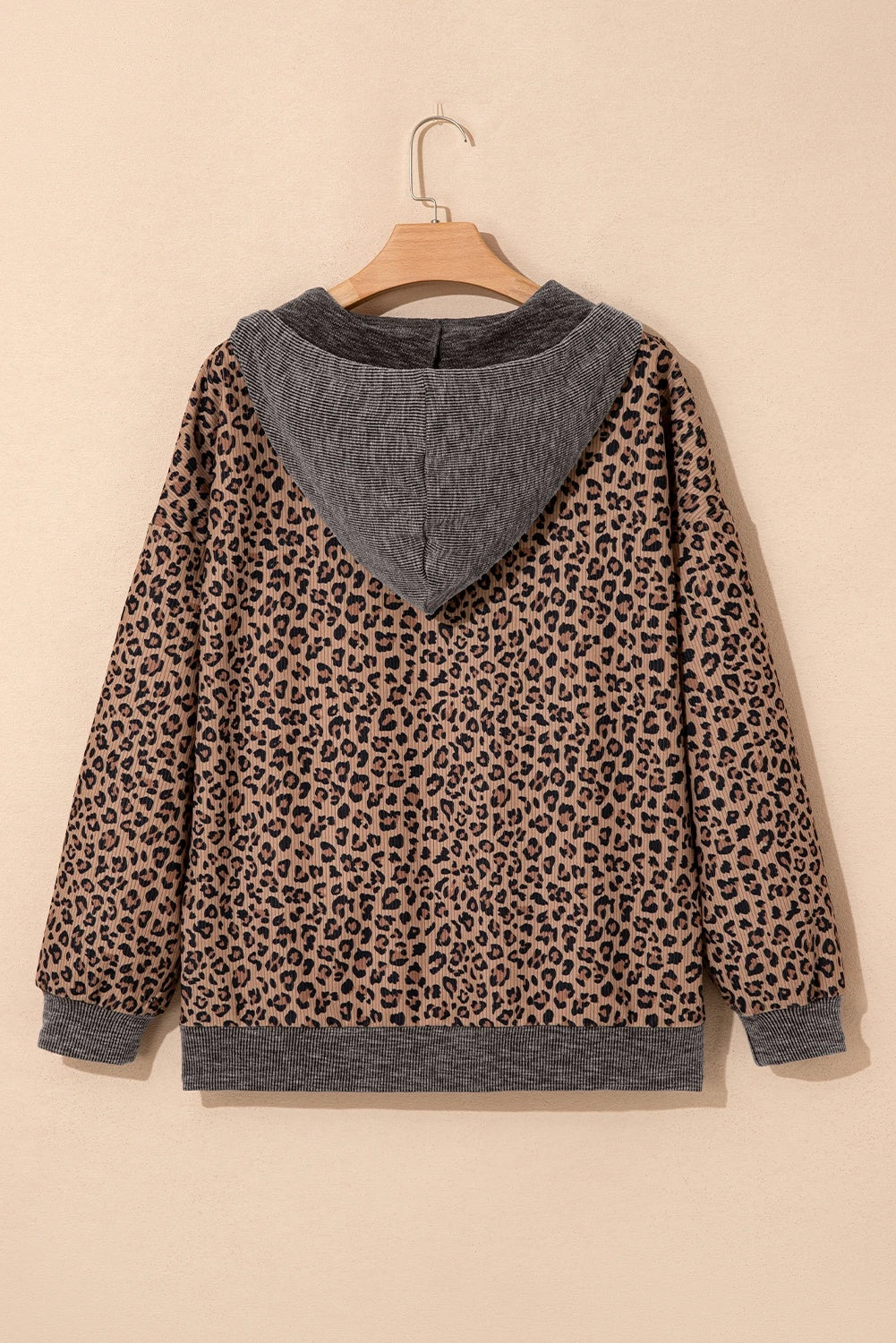 Khaki Ribbet Leopardprint Kontrastfarvet Krave Med Lynlås Hættetrøje