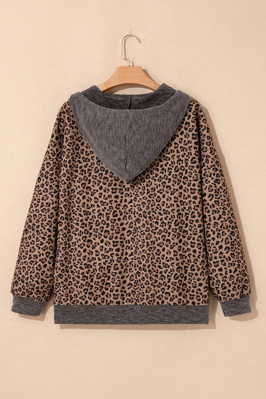 Khaki Ribbed Leopard Print Contrast Color Collar Zip Hooded Pullover