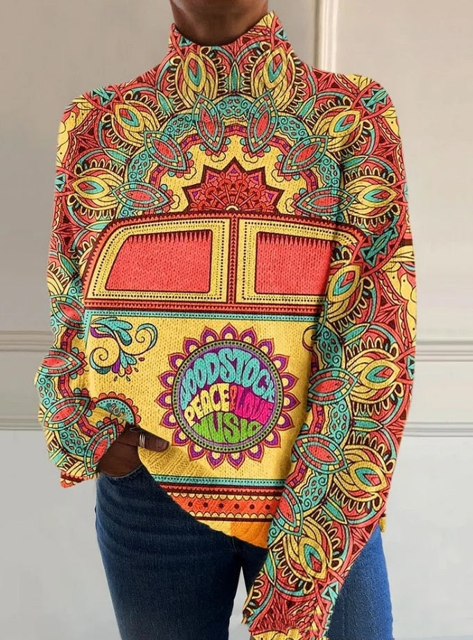 3D Color Matching Pattern Floral Print Long Sleeve Pullover