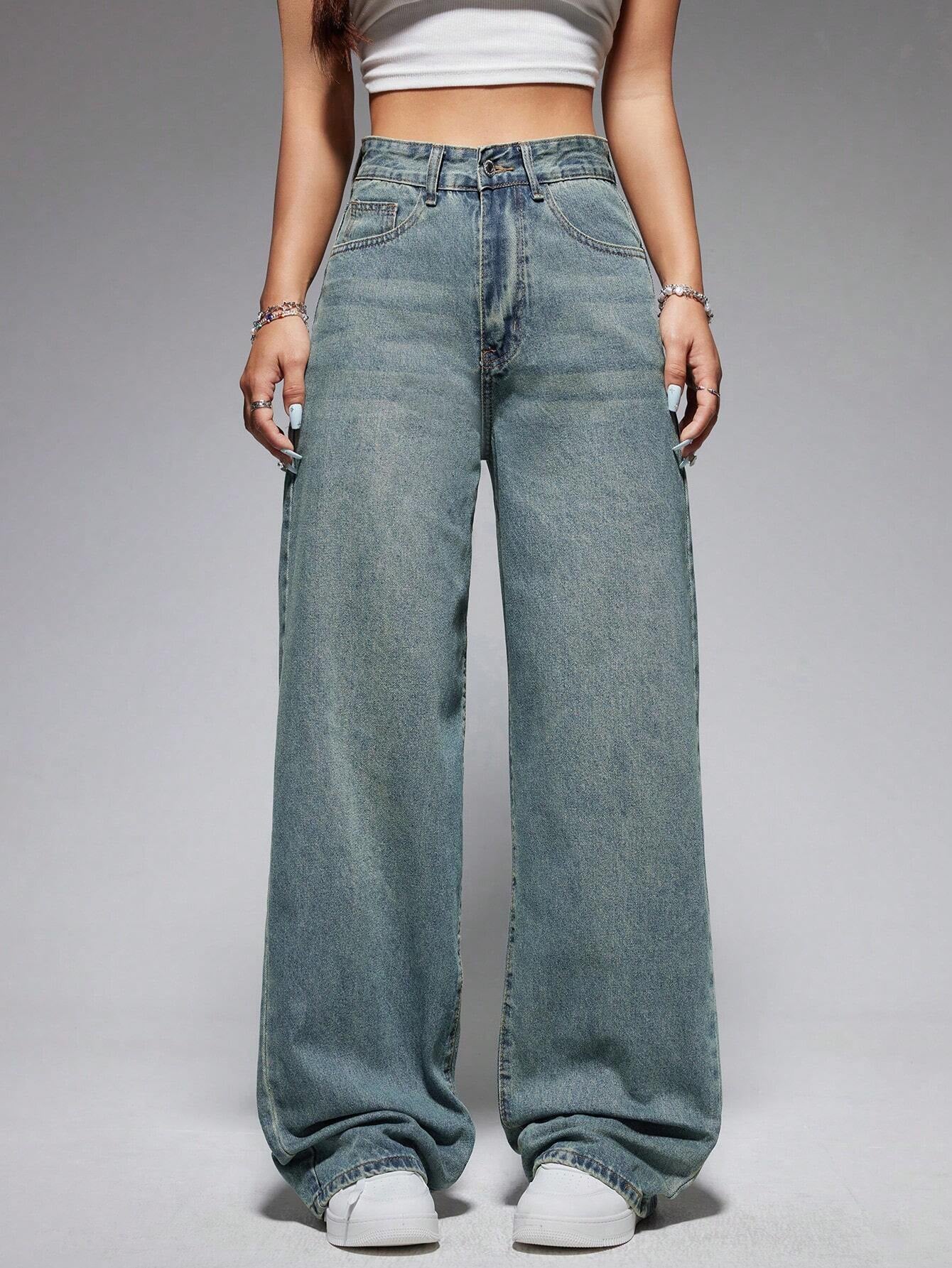 Jeanoix Washed Wide-Leg Jeans with Slanted Pockets Baggy Jeans Y2K