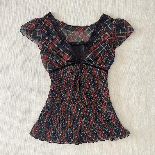 Retro Artistic Style V-neck Plaid Slightly Transparent Slimming T-shirt