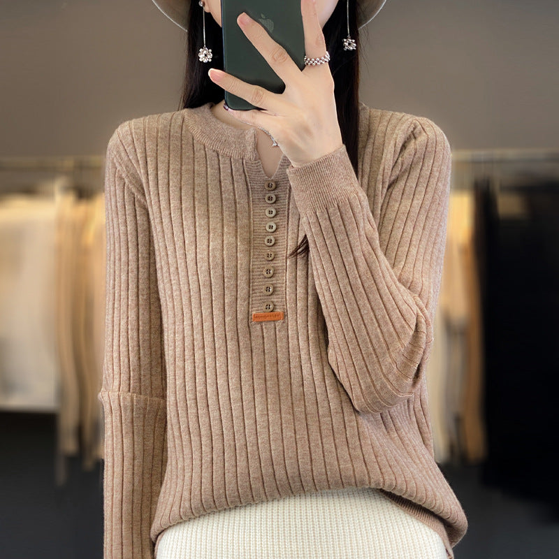 Long Sleeve Round V-neck Sweater Solid Color