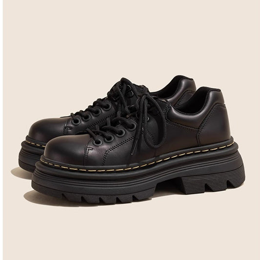British Style Lace Up Round Toe Versatile Single-layer Shoes Low Heel Leather Shoes Women