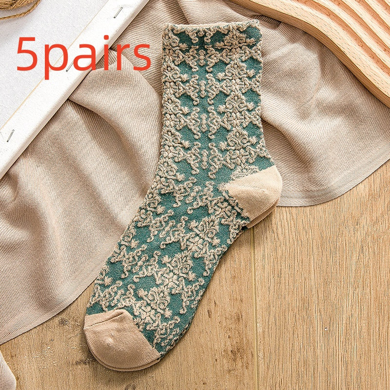 Retro Three-dimensional Relief Socks Women's Tube Flowers Casual Wear