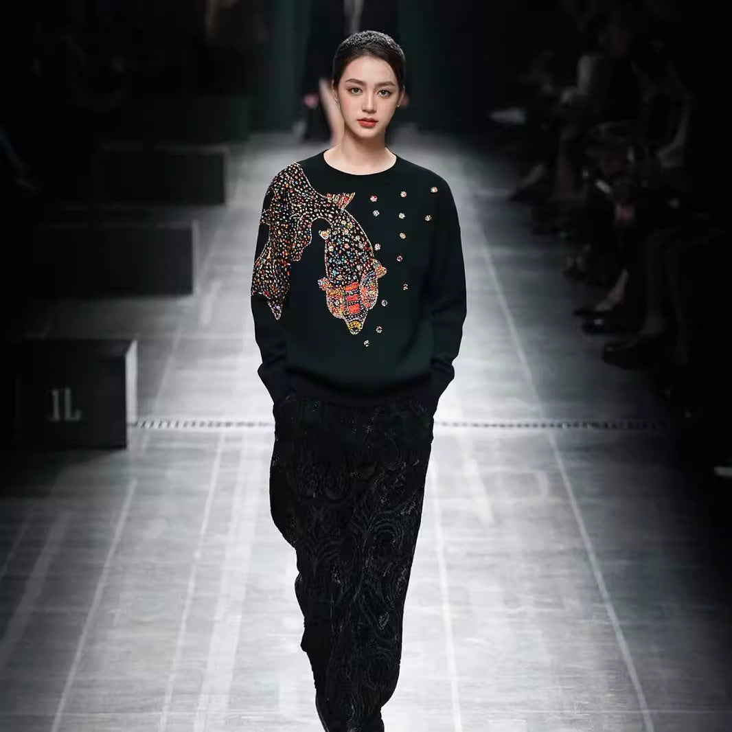 Women's Beads Rhinestones Goldfish Sequined Pullover Sweater