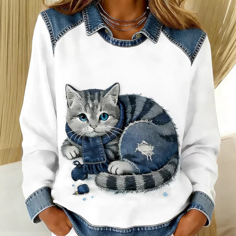 Womens Denim Crew-Neck 3D Digital Print V-Neck T-Shirt
