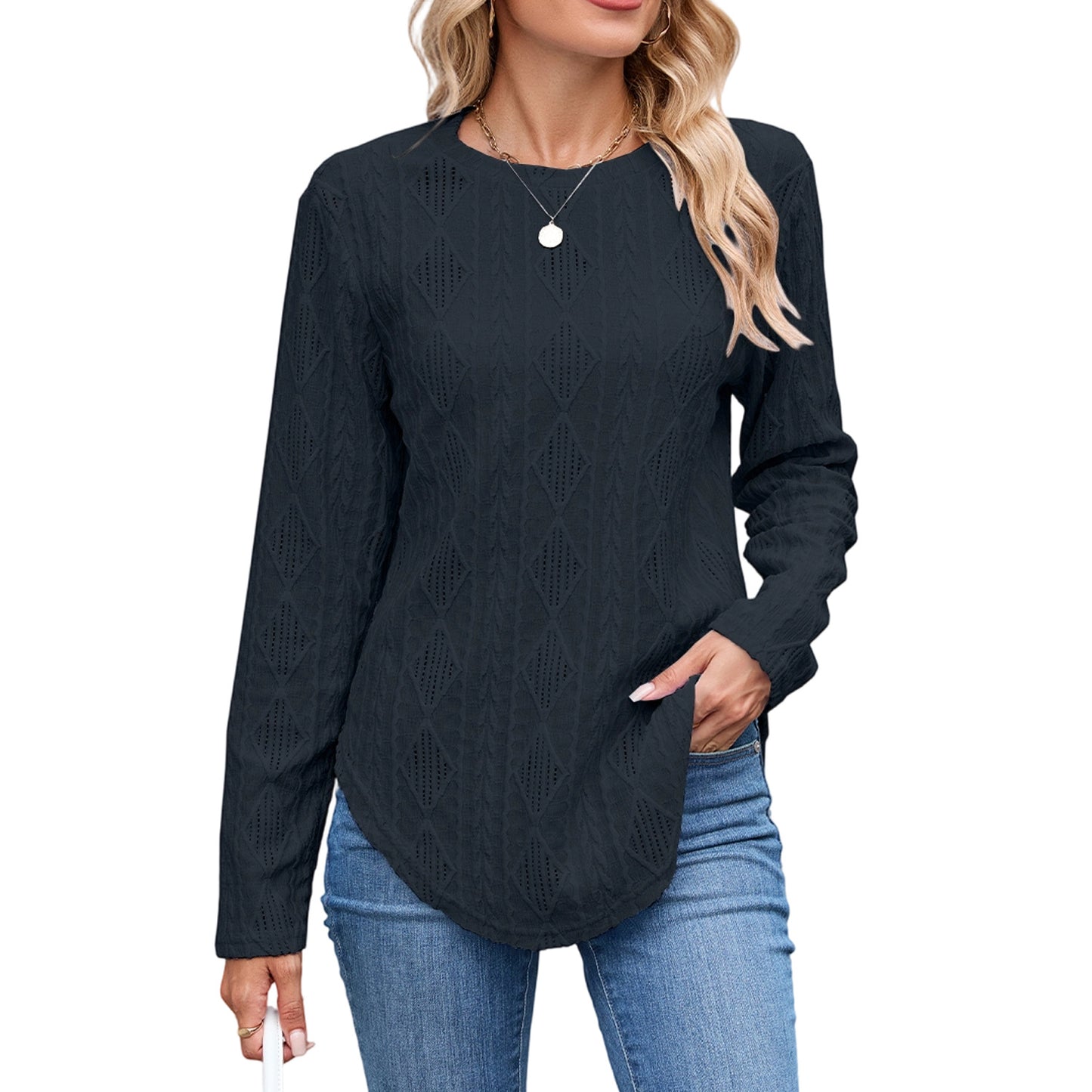 European And American Leisure Round Neck Long Sleeve Curved Hem T-shirt