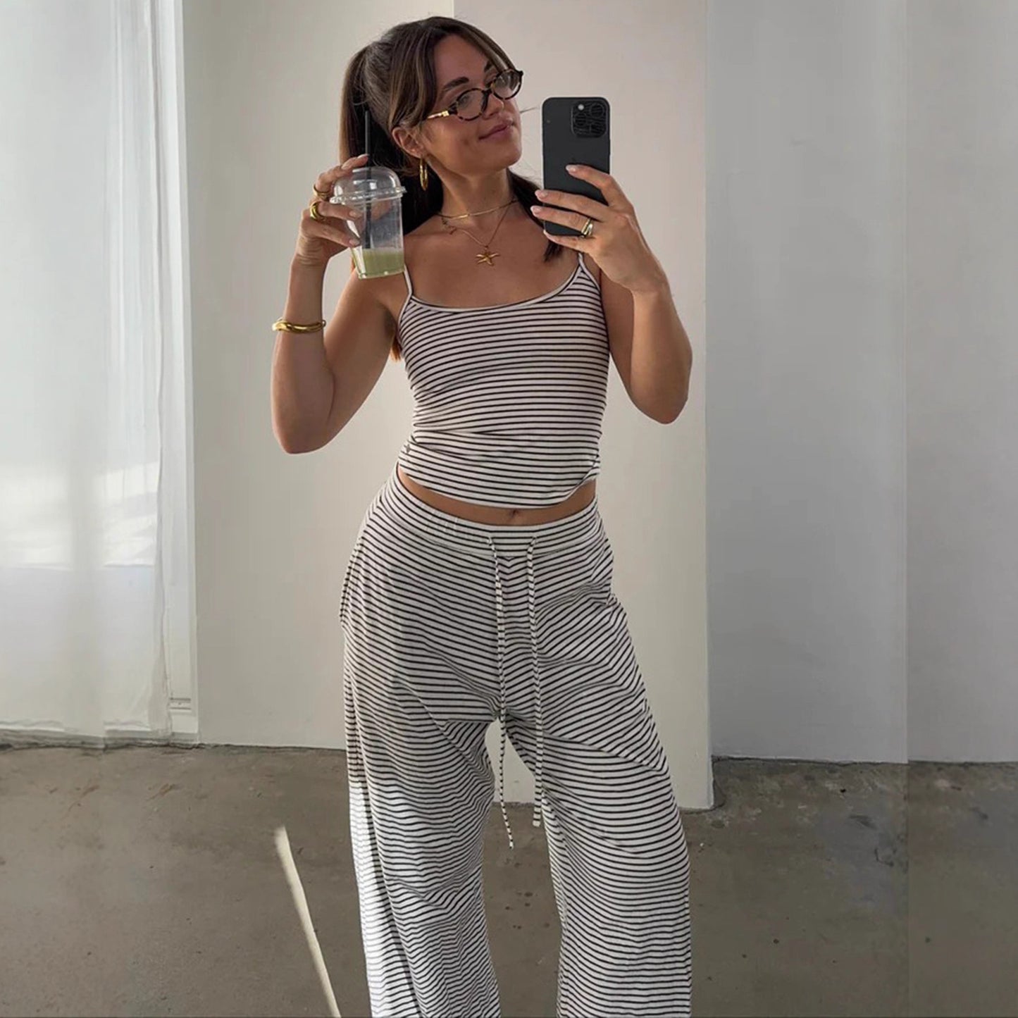 Striped Camisole Top And Elastic-waist Pants Loungewearpajama Two-piece Set