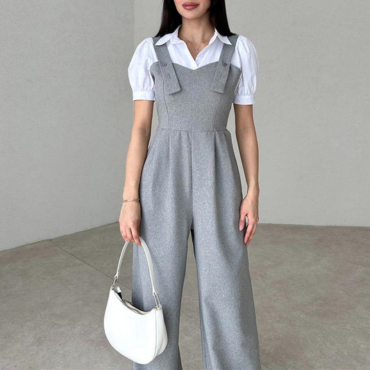 Solid Color High Waist Loose Wide Legs Trousers Sleeveless Jumpsuit