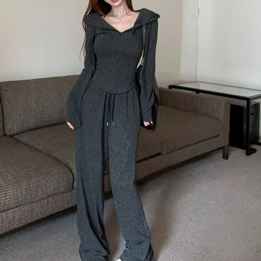 Short Hooded Cardigan Hoodie Two Piece Set With Zippers