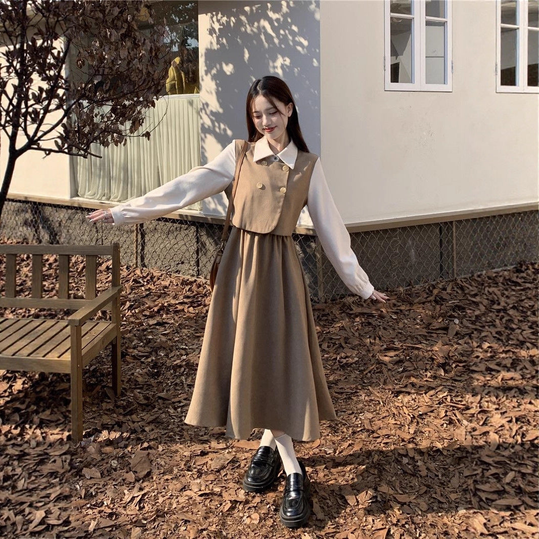Womens Vintage French-Style Mock Two-Piece Long-Sleeve Dress