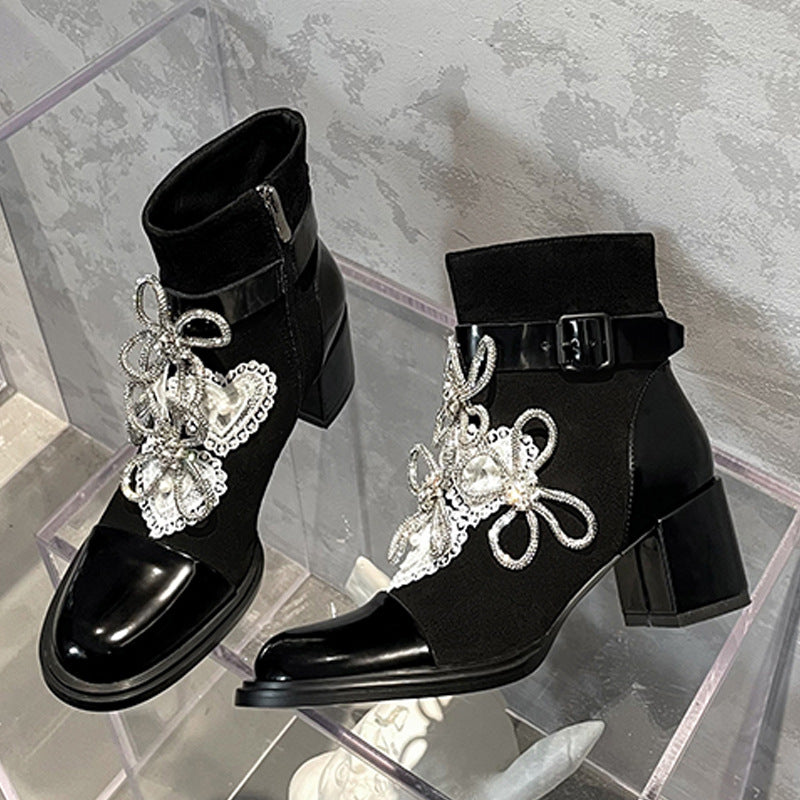 Rhinestone Bowknot Flower Thick Heel Short Boots