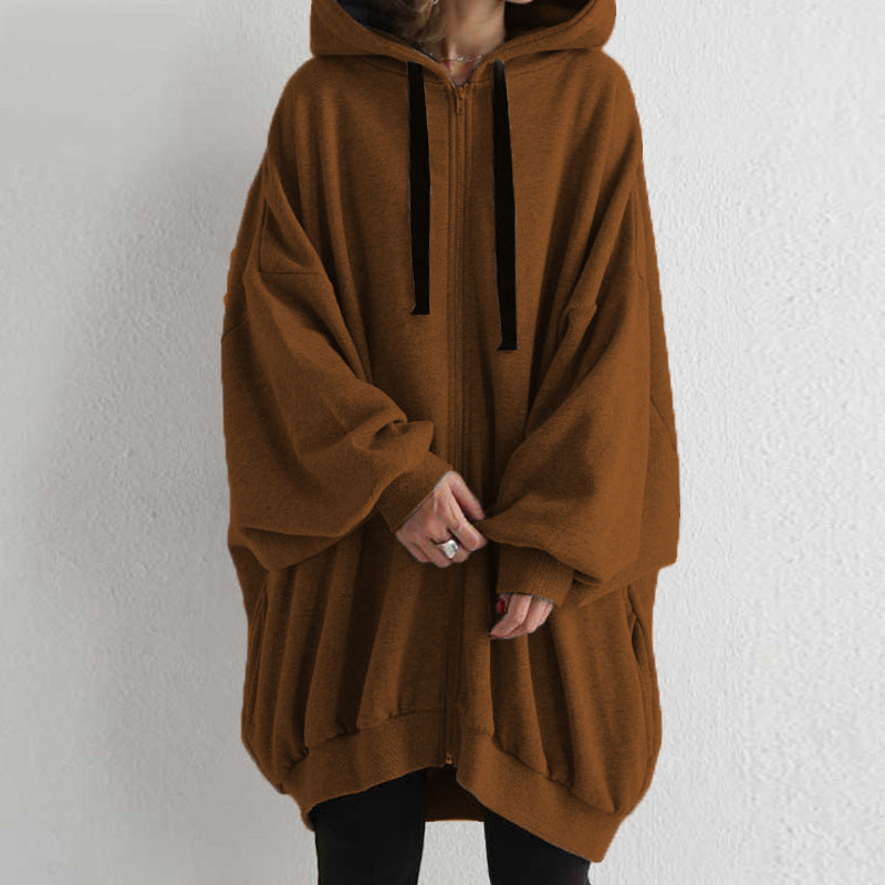 Women's Solid Color European And American Loose Sweater Fashion Hooded Zipper