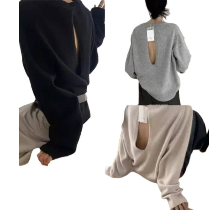 Scheming Hollow Backless Loose Round Neck Knitted Knitting Shirt