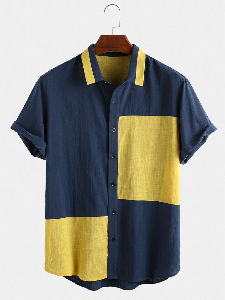 Colorblock Short Sleeve Fit Lapel Men's Shirt