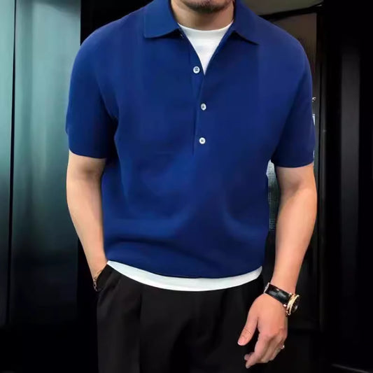 Solid Color Polo Collar Polo Shirt Men's Simple Style Slim Fit High Knitted Top