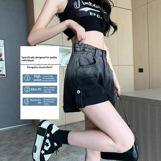High-waisted Slimming Gradient-color Denim Shorts With Rolled Hems
