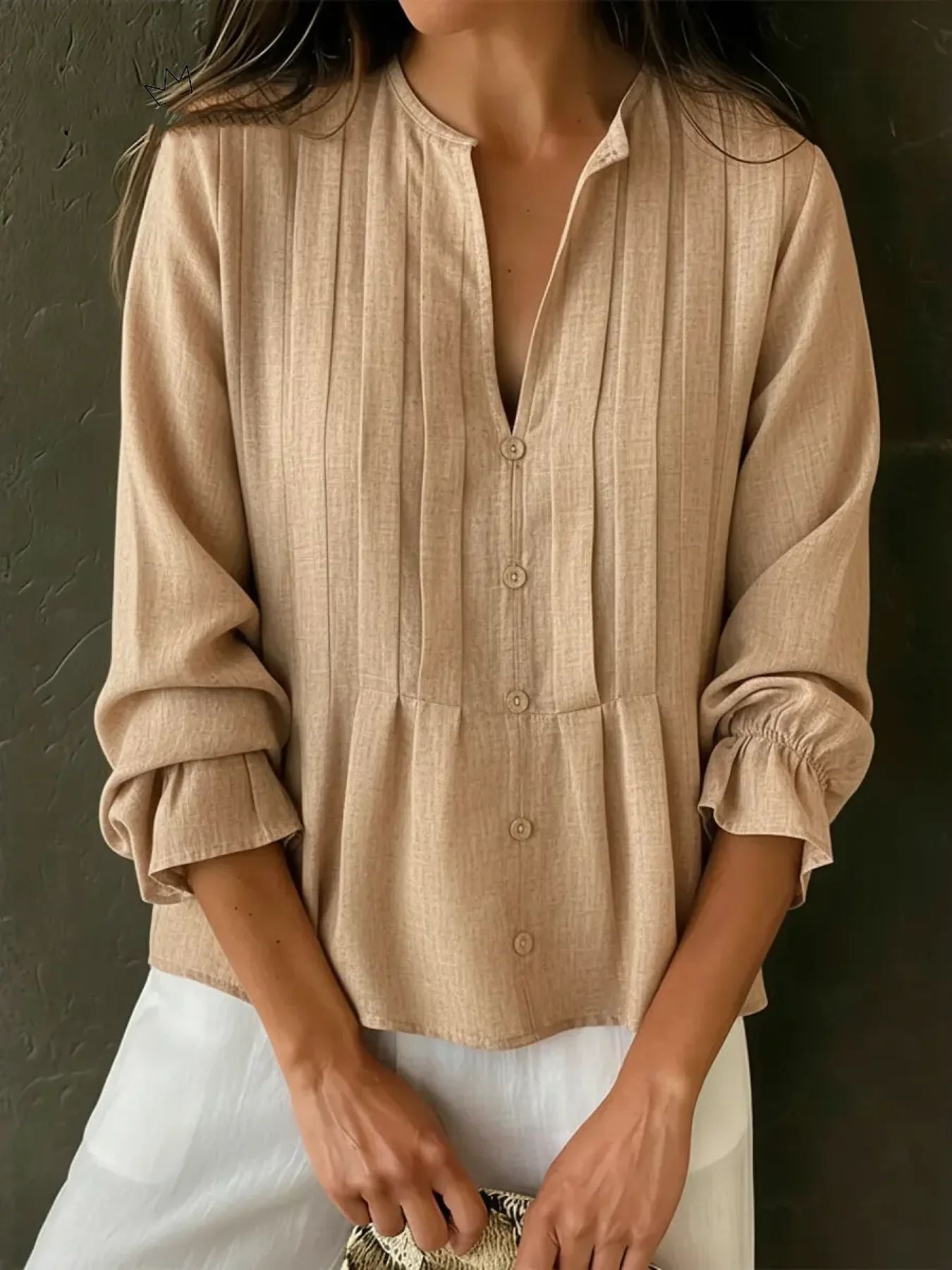Casual Solid-color V-neck Long-sleeve Striped Cotton-linen Top