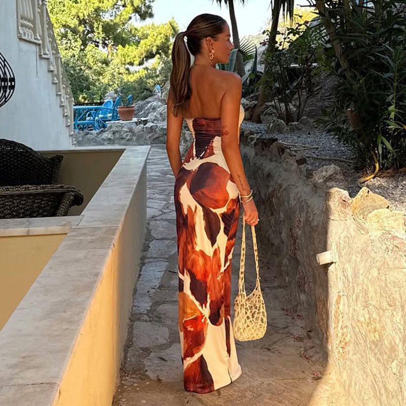 Kvinders stilfulde trykte off-shoulder tubekjole