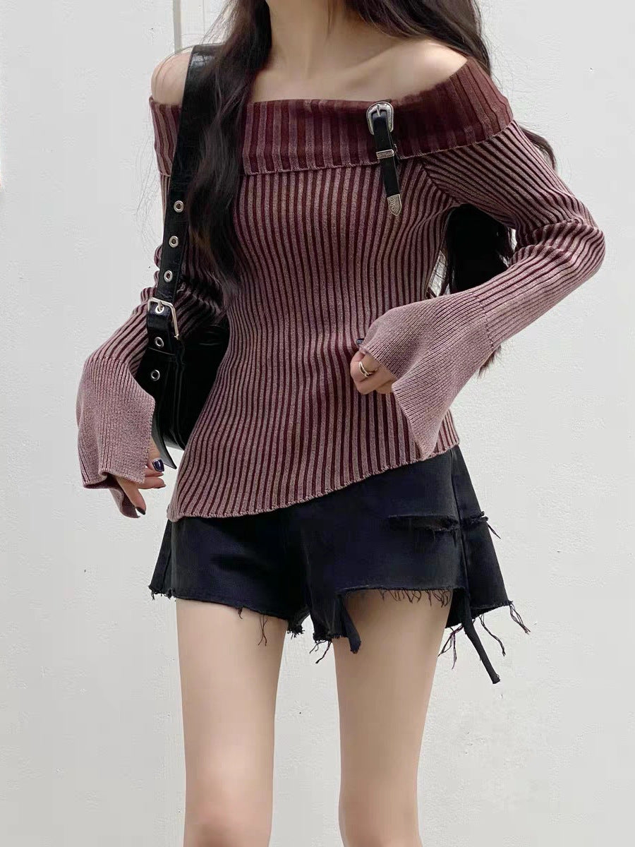 French Retro Ins Lapel Elegant Knitwear Women's Off-shoulder Buckle Distressed Split Flare Sleeve