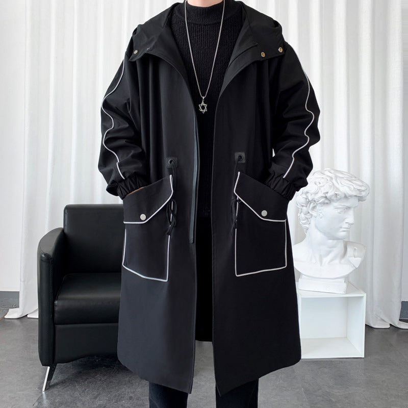 Men's Long Below The Knee Loose Casual Large Contrast Color Stripe Hooded Jacket
