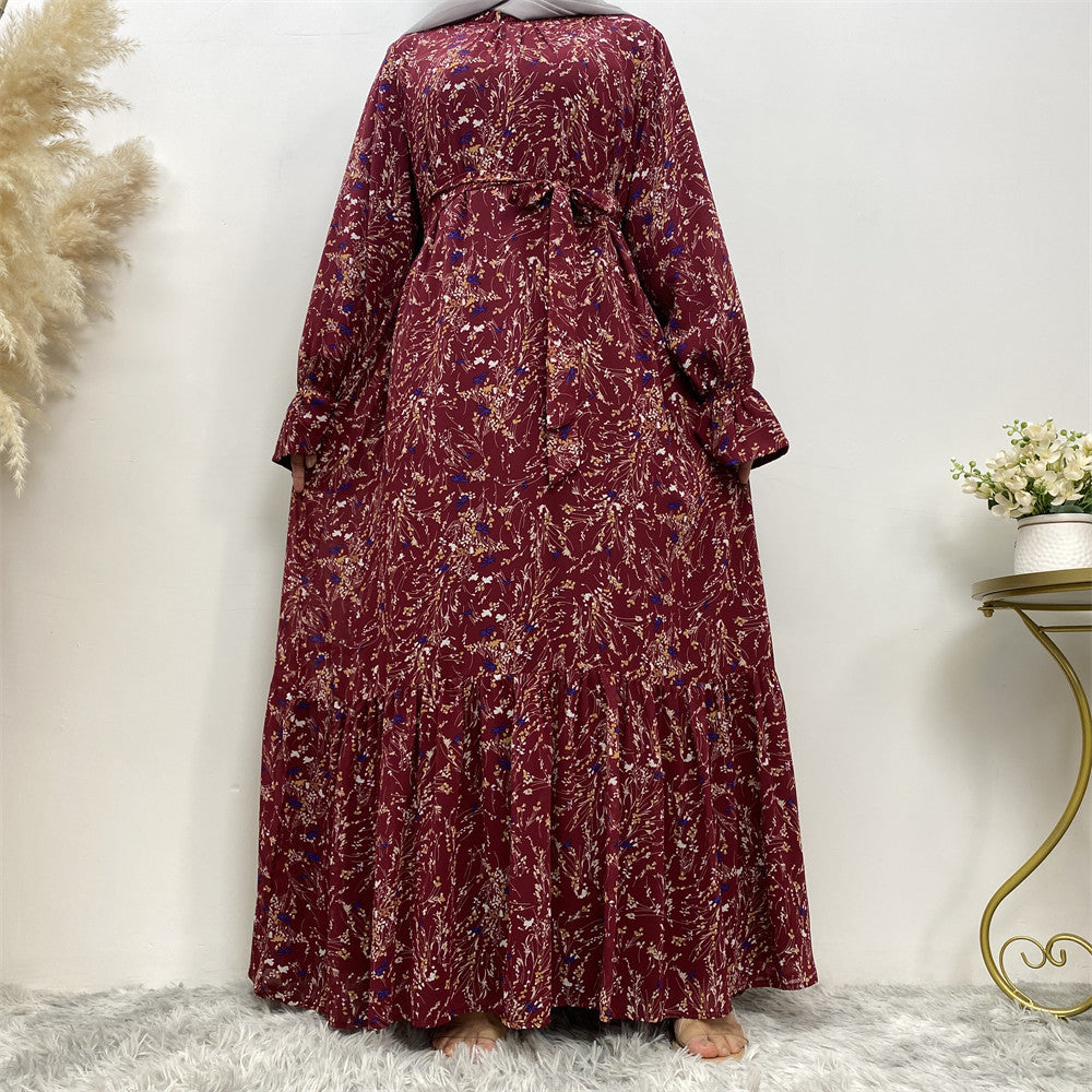 Printed Flare Sleeve Lining Fashion Chiffon Dress