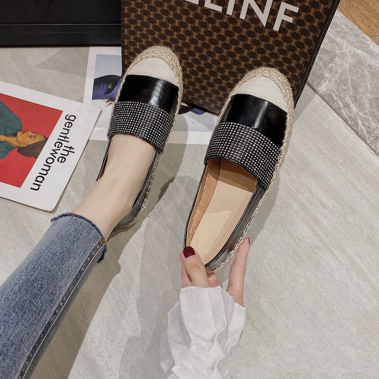 Flat-bottomed Bright Diamond Linen Woven Foreign Trade Large Size Single Shoes