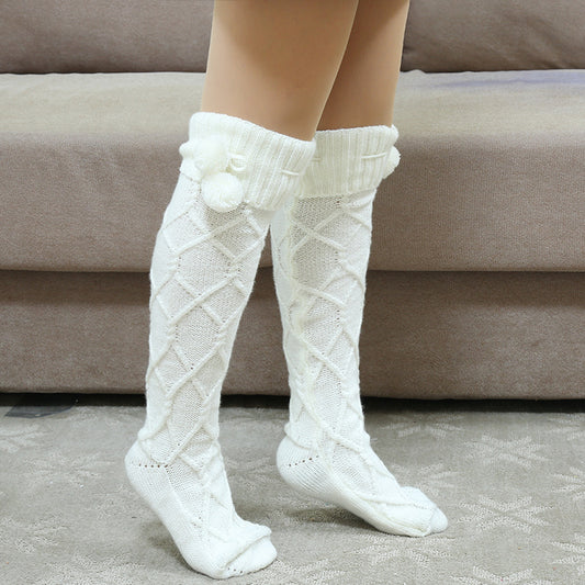 Fur Ball Over The Knee Breathable Christmas Knitted Socks