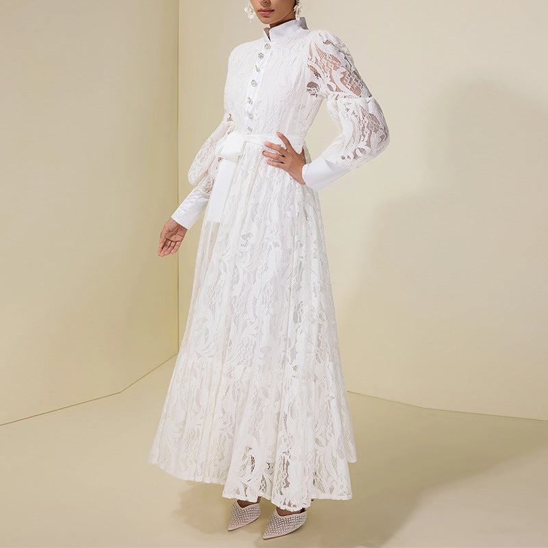 Lantern-sleeve Lace White Elegant Fashion Dress