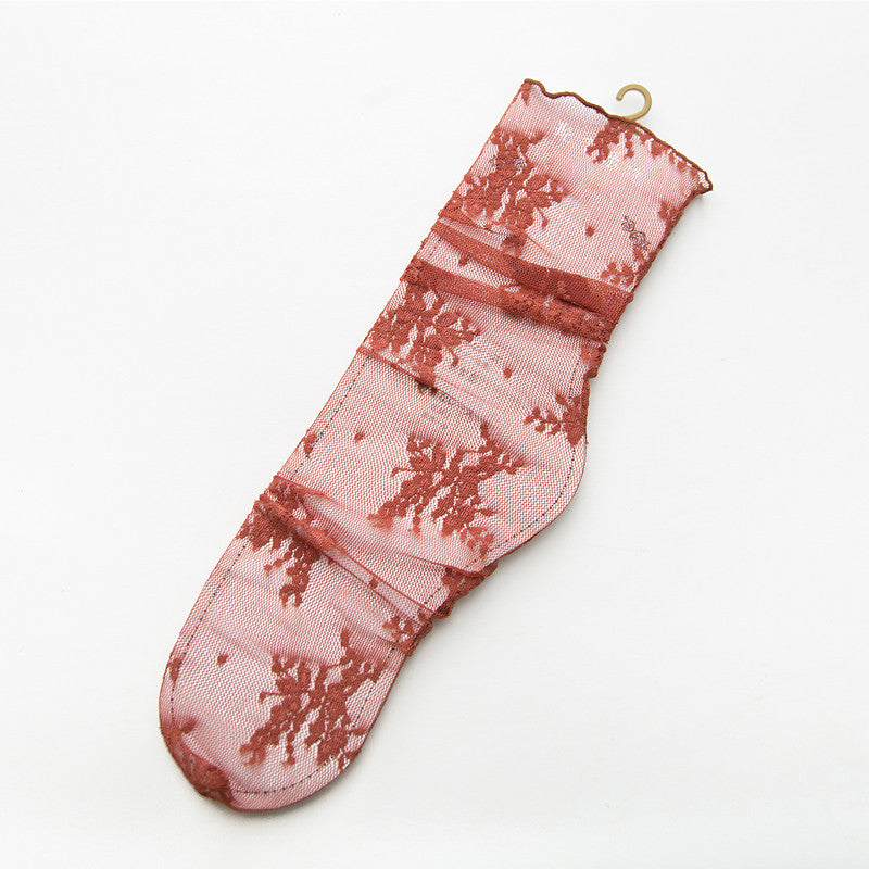 Spring And Summer New Women's Socks Sweet Japanese Solid Color Big Flower Hollow Stockings