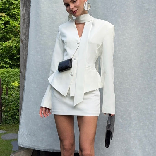 Turtleneck V-neck Long-sleeve Waist-cinching Suit Jacket And Sheath Skirt Two-piece Set