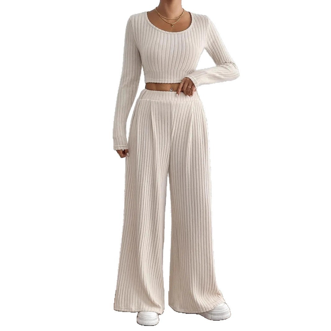 Solid Color Rib Knitted Trousers Mid-waisted Figure Flattering Women's Casual Suits