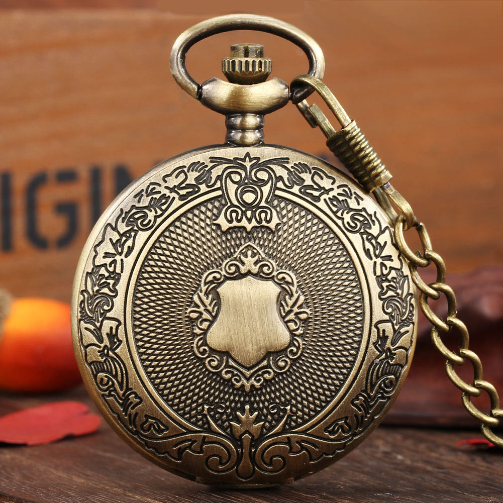 Golden Carved Shield Pattern Large Pocket Watch Roman Quartz Watch