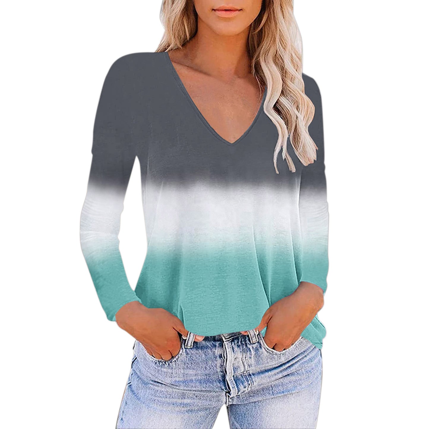 European And American Women's V-neck Gradient Print Loose T-shirt