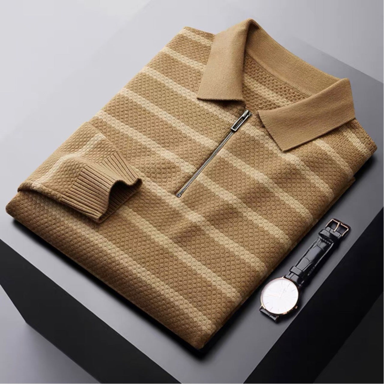 Efterår og Vinter Kollisionsfarve Stribet Polo Shirt Langærmet Herre Sweater