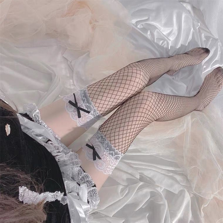 Lace Long Socks Autumn Bow Black Silk