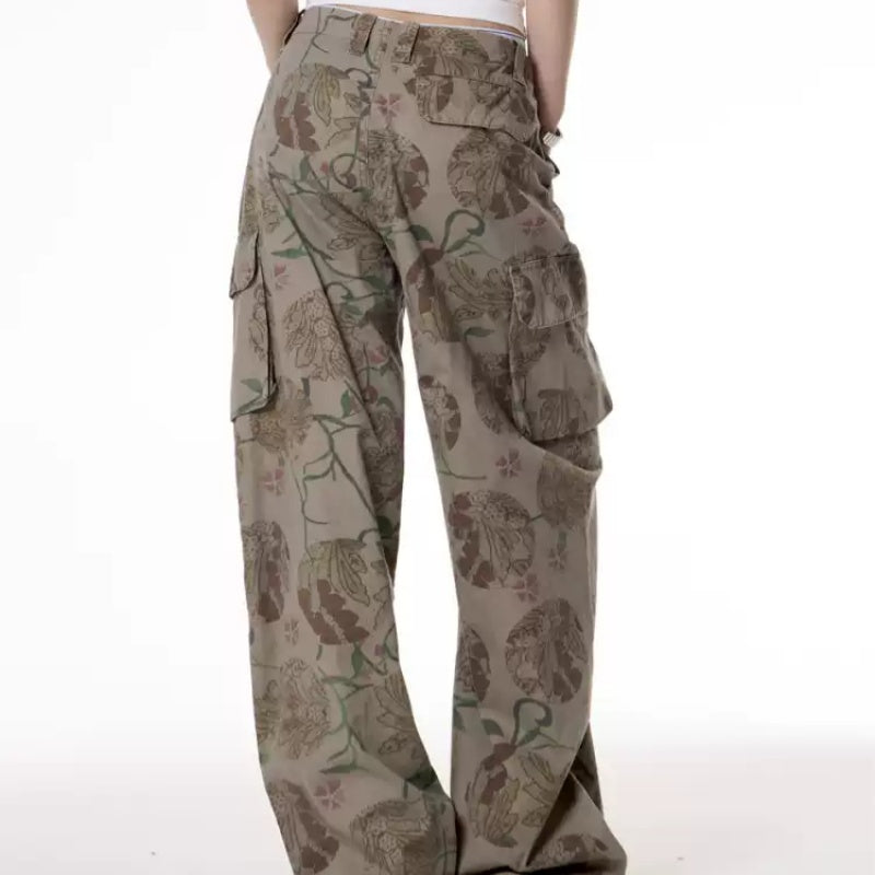 Retro Hot Girl Style Floral Print Large Pocket Casual Working Pants