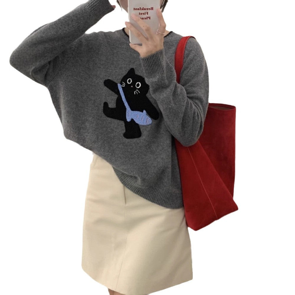 Women's All-match Cartoon Cat Round Neck Knitted Sweater