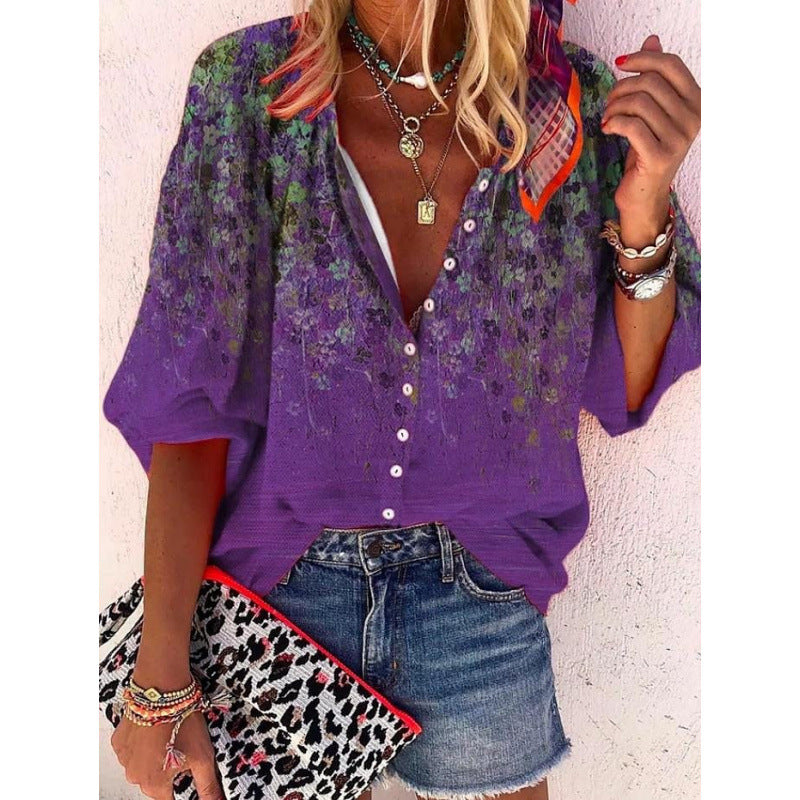 Floral-print Long-sleeve Top Fashionable V-neck Blouse For Women 3D