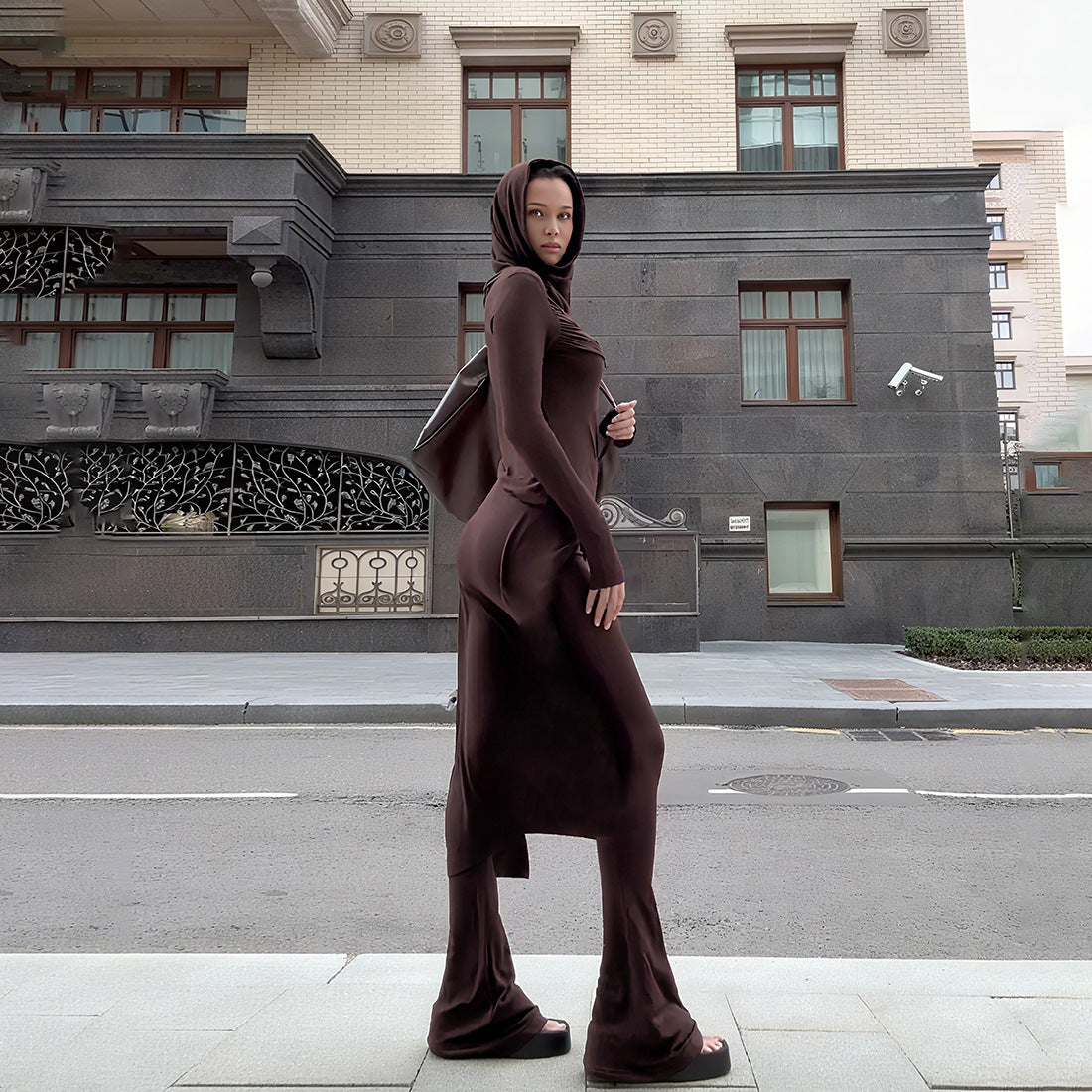 Fashionable Solid-Color Hooded Long-Sleeve Top And Slim-Fit Flared Pants Set