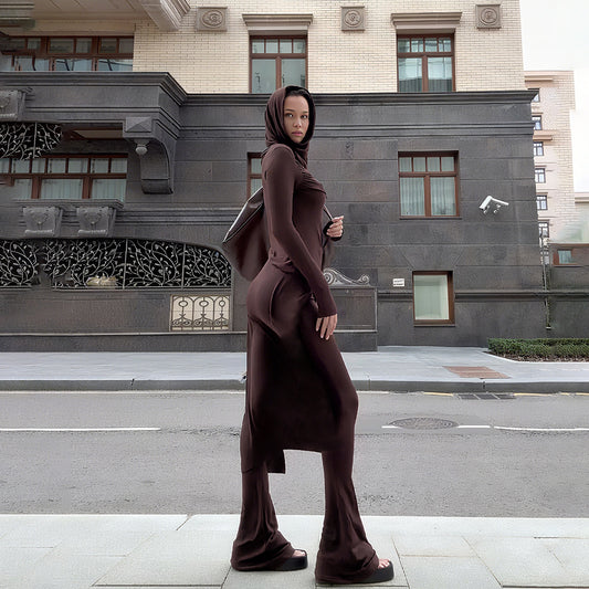 Fashionable Solid-Color Hooded Long-Sleeve Top And Slim-Fit Flared Pants Set