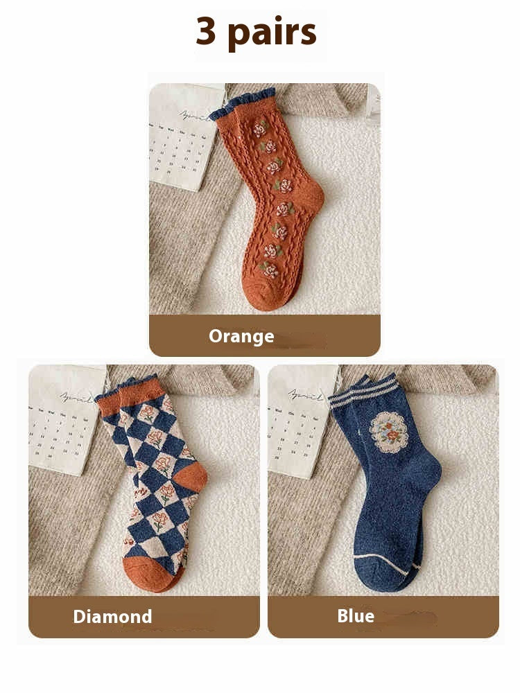 Vintage Small Flower Wool Socks Fleece Lined Padded Warm Keeping Tube Socks