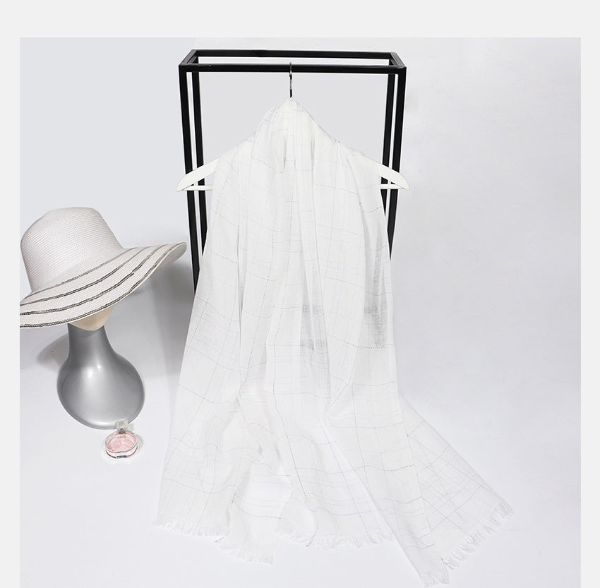 Spring And Summer Blended Yarn Cotton And Linen Plaid Lightweight Breathable Scarf