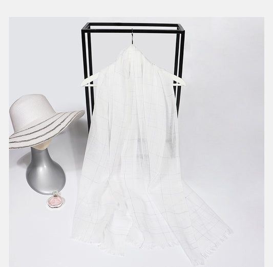 Spring And Summer Blended Yarn Cotton And Linen Plaid Lightweight Breathable Scarf