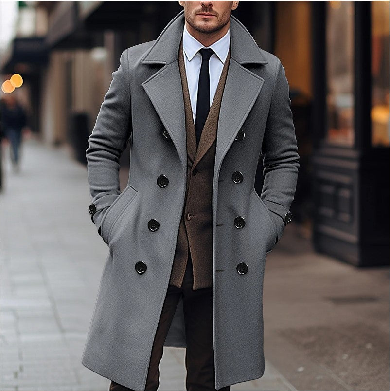Men's Solid Color Mid-length Wool Coat Korean Style Double-breasted Jacket