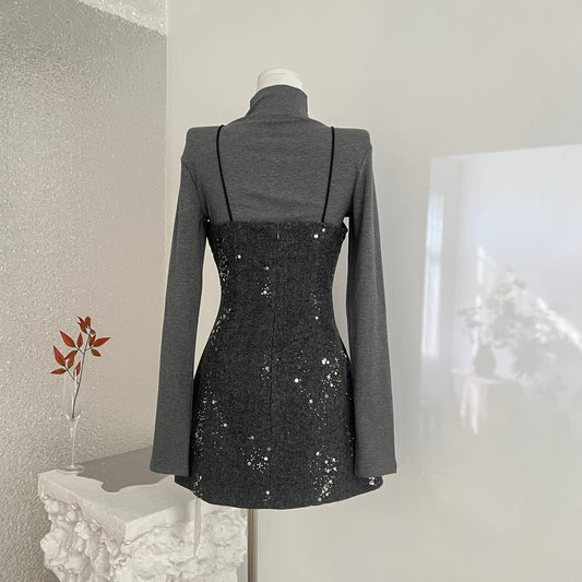 Korean Style Sequin Dress Set - Long Sleeve Turtleneck Top And Sling Party Dress For ClubWedding