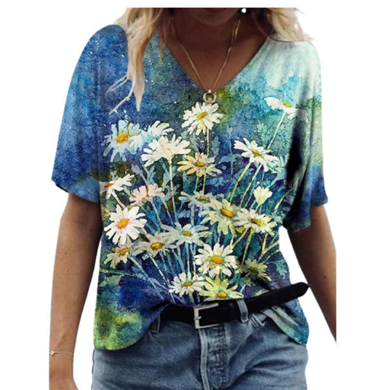 Butterfly Print Short Sleeve V-neck Ladies Loose